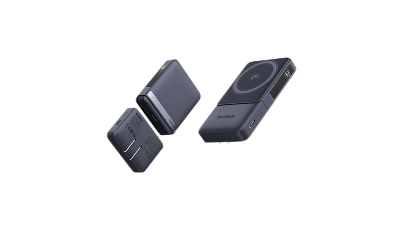 black powerbank and charger on white background