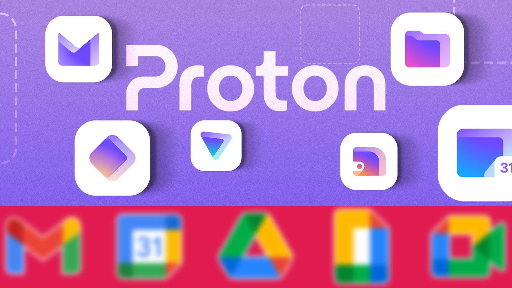 Proton apps icons displayed on a purple background above blurred Google Workspace icons.