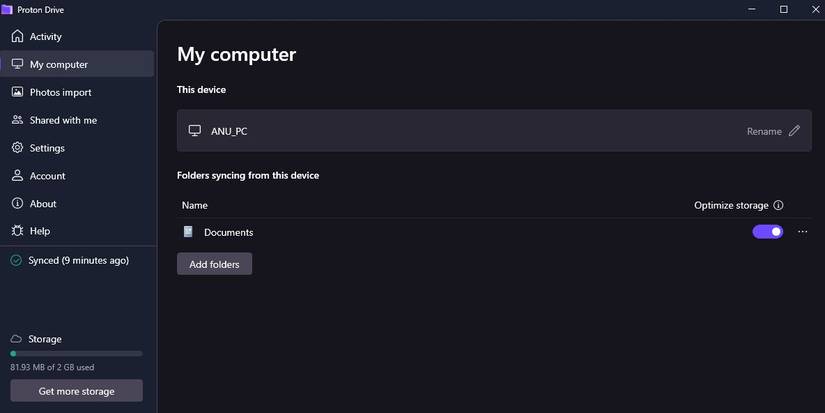 Captura de tela do aplicativo Proton Drive na área de trabalho