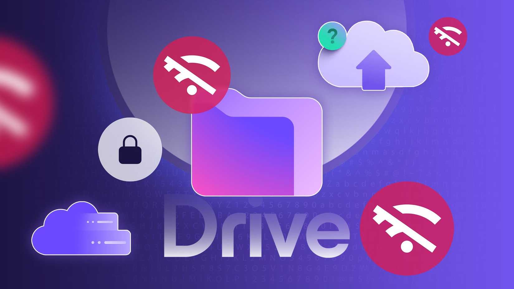 Proton Drive logo surrounded by backup icons, a padlock, and offline Wi-Fi signs