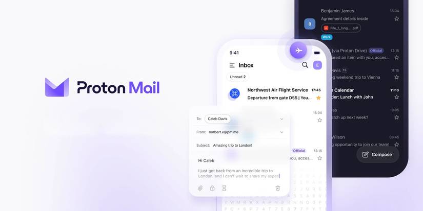Examples of the new Proton Mail apps next to the Proton Mail logotype.