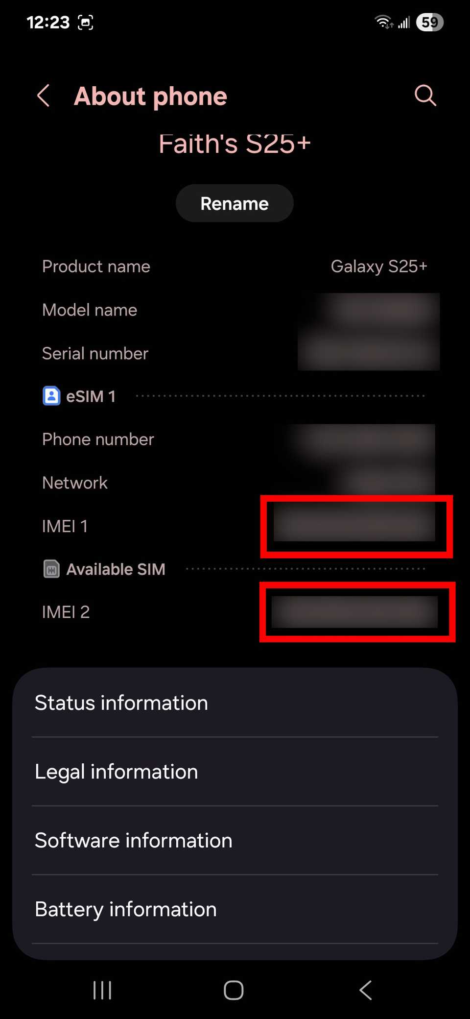 Two red rectangle outlines highlighting censored areas next to IMEI in About phone section on a Samsung phone