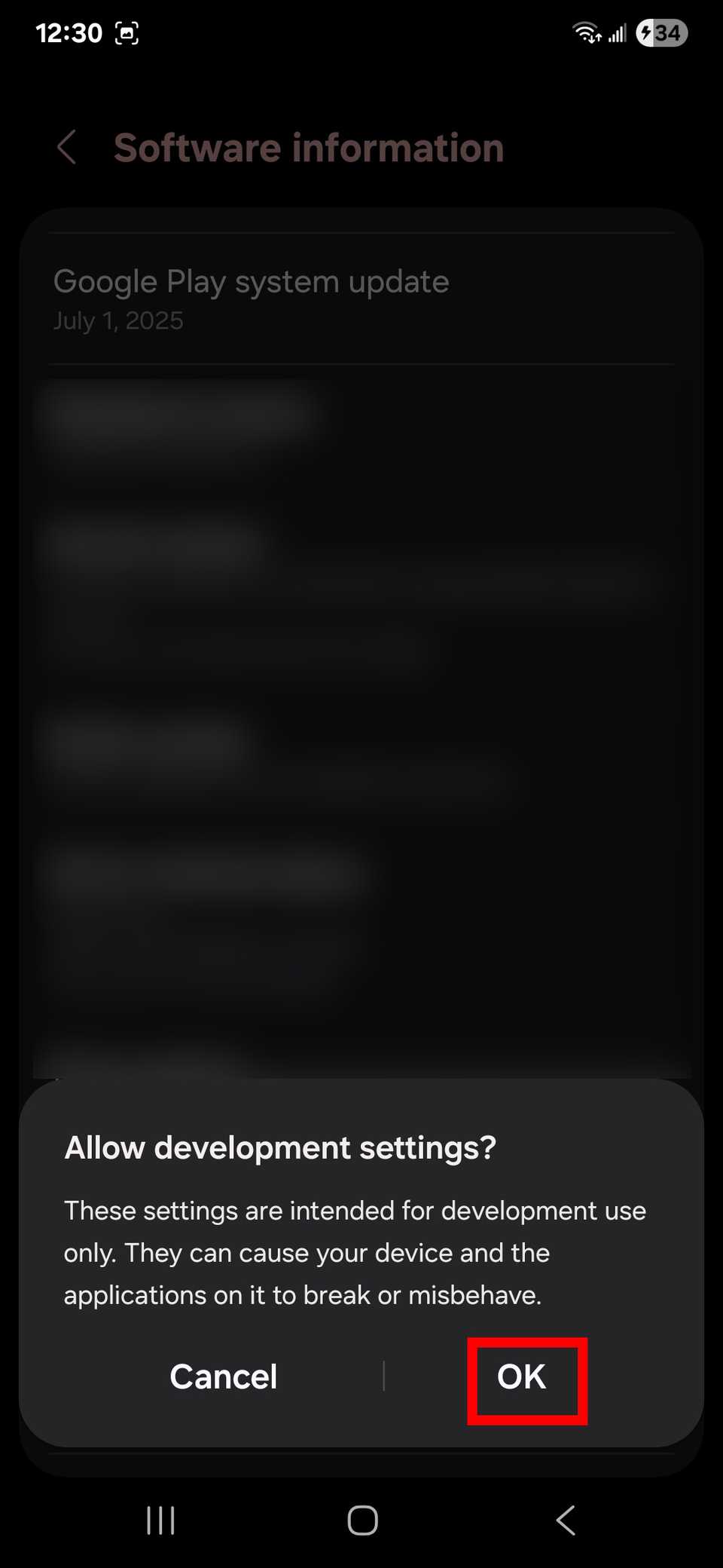 Red rectangle outline highlighting the Ok option in Allow development settings on a Samsung device