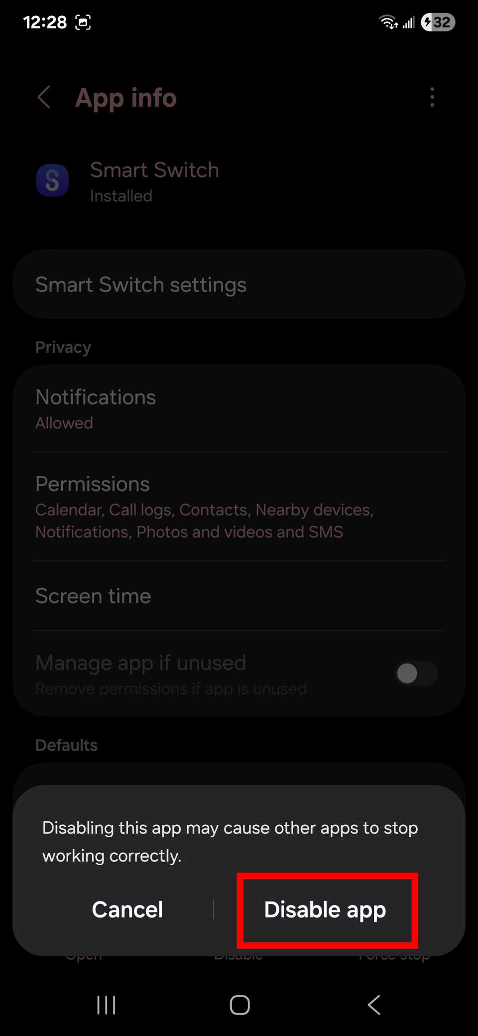 Red rectangle outline highlighting the Disable app option to confirm disabling a Samsung app