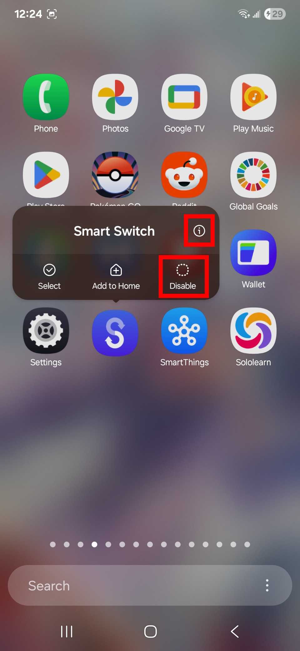 Two red rectangles highlighting the 'i' and Disable options in a window next to an app while in the app screen page