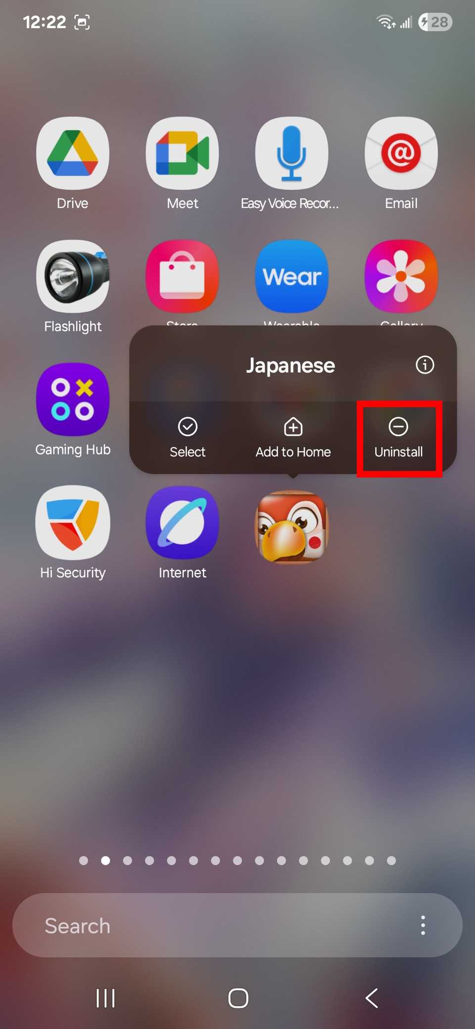 Red rectangle outline highlighting the Uninstall option over an app on the app screen page