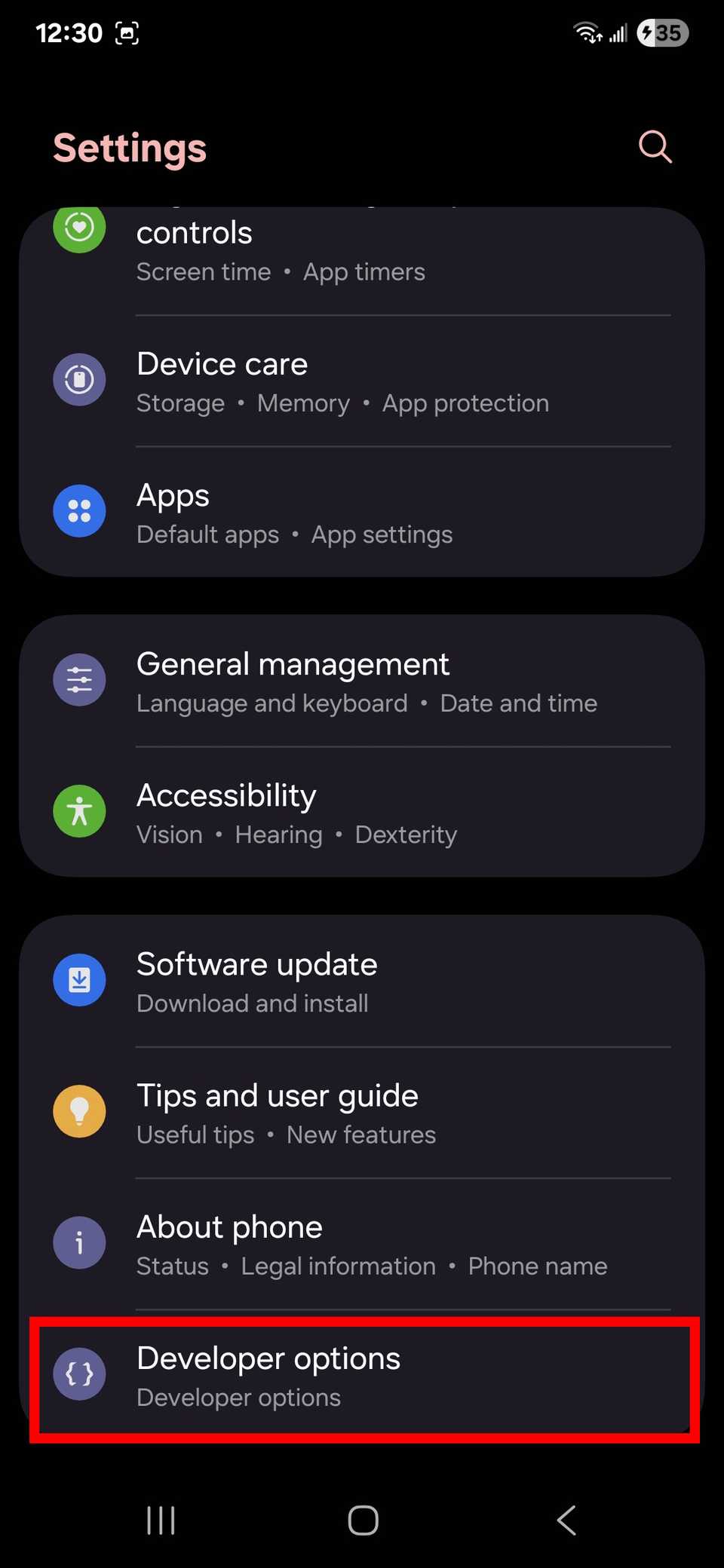 Red rectangle outline hightlighting Developer options in Samsung settings