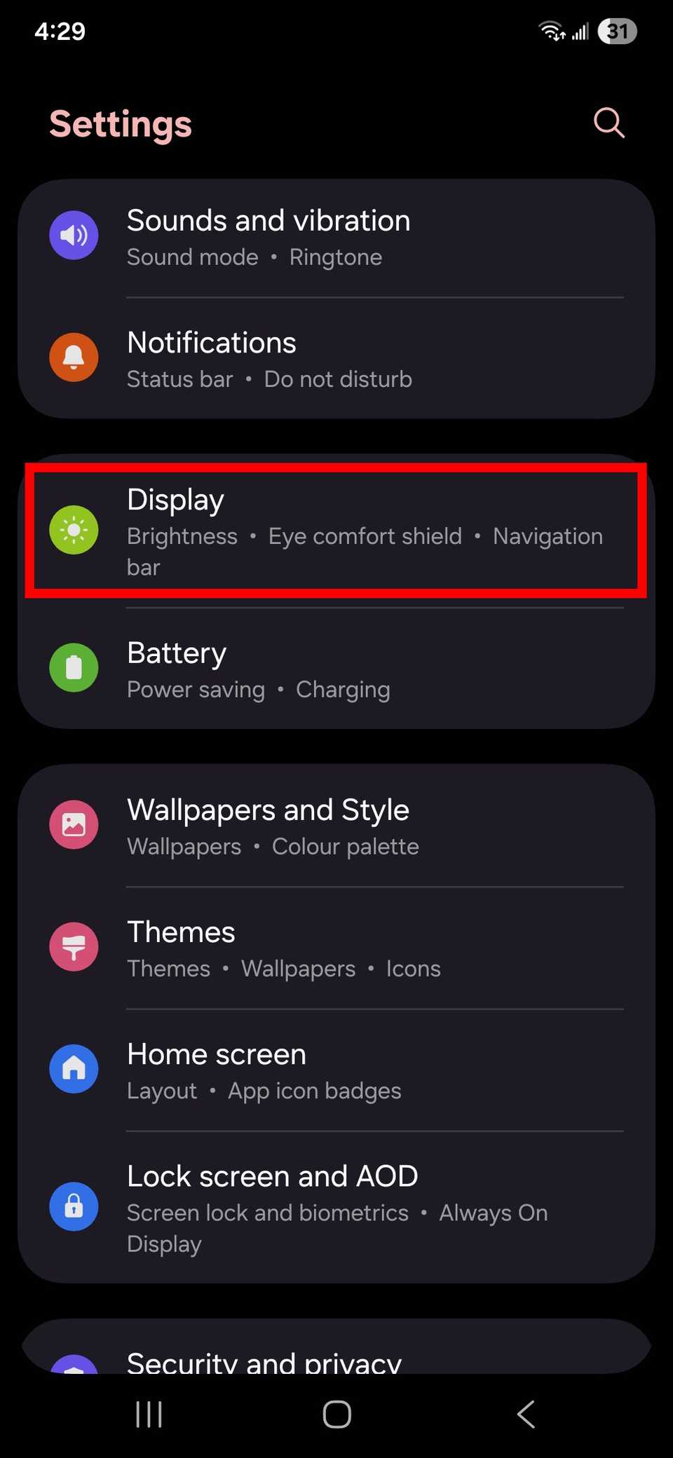 Red rectangle outline over Display in Samsung settings in One UI 8