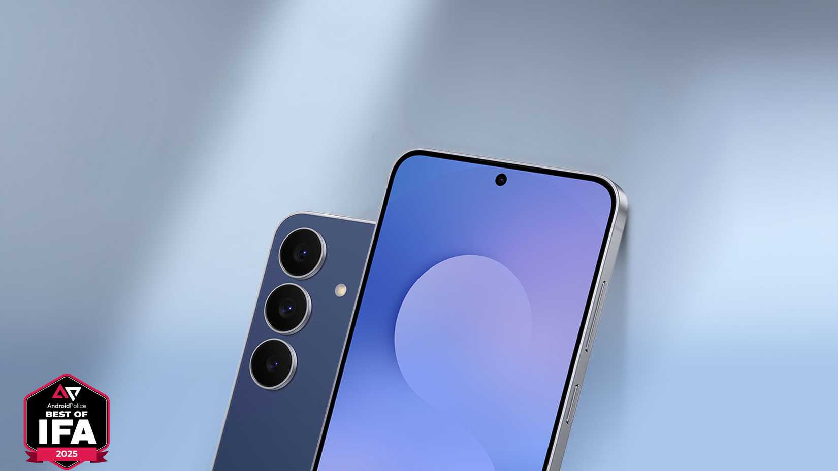 Samsung Galaxy S25 FE smartphone with triple rear cameras and front display on a blue background.