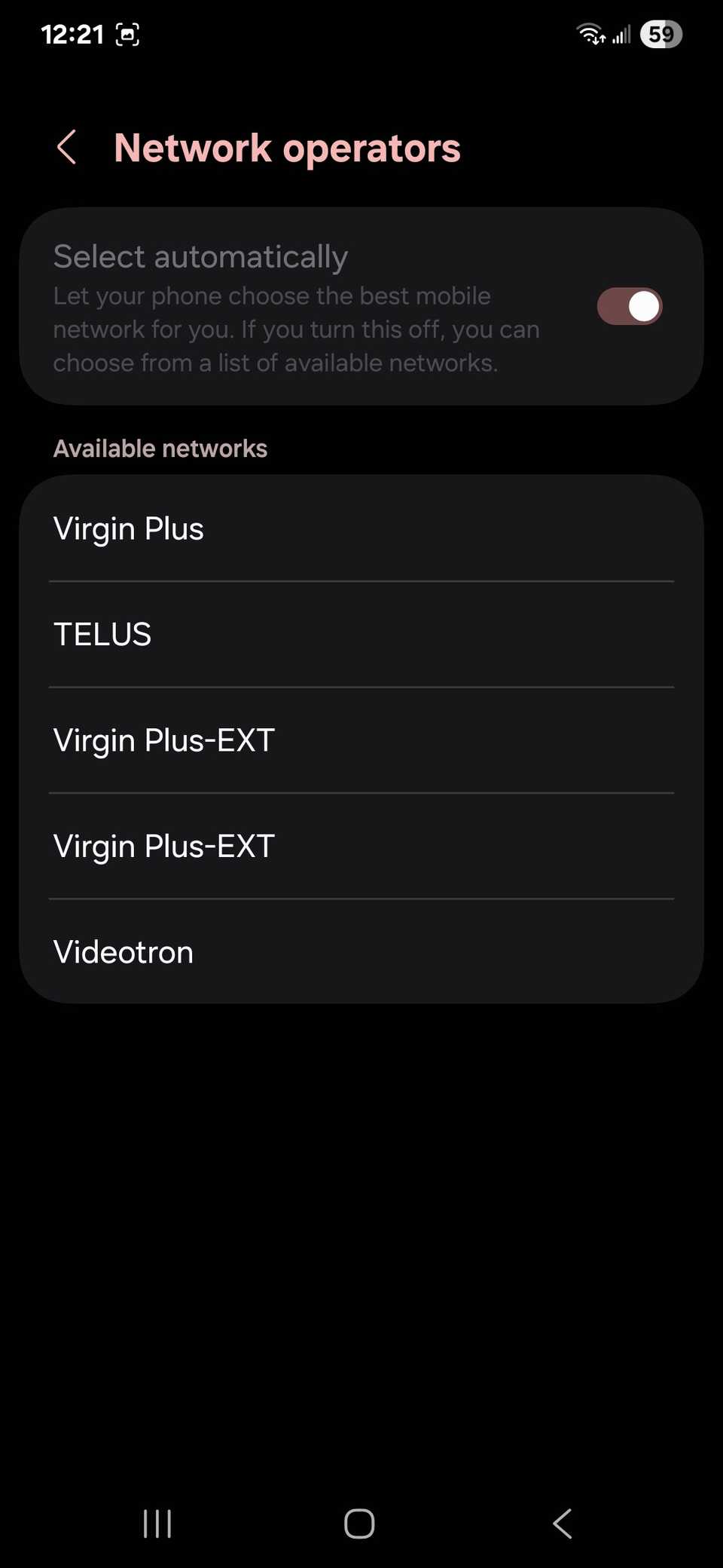 A populated list of compatible available networks in Networks operators for a Samsung phone