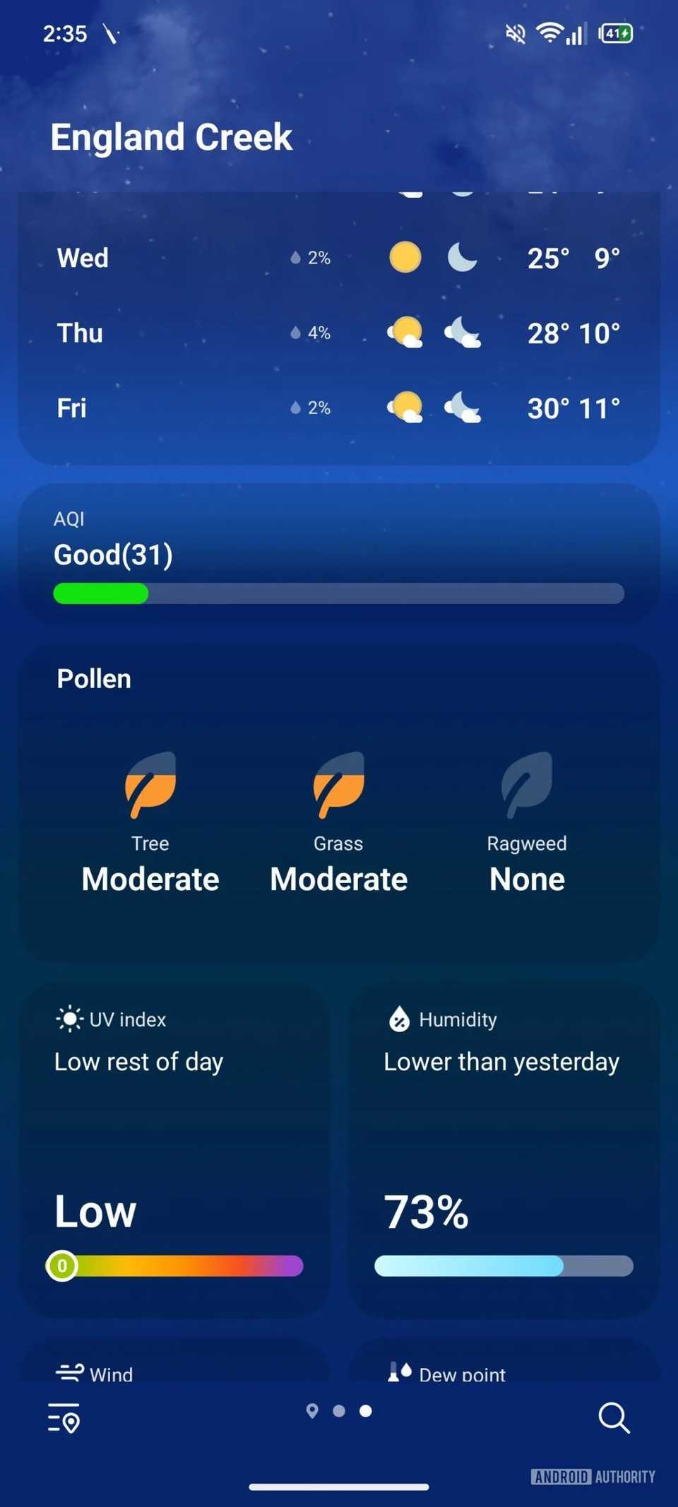 Screenshot showing Samsung Weather's pollen card feature in One UI 8.5