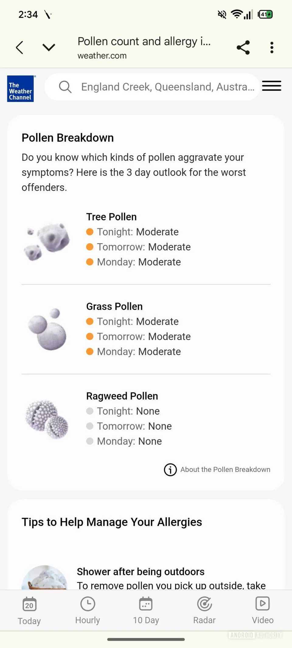 Screenshot showing Samsung Weather's pollen card feature in One UI 8.5