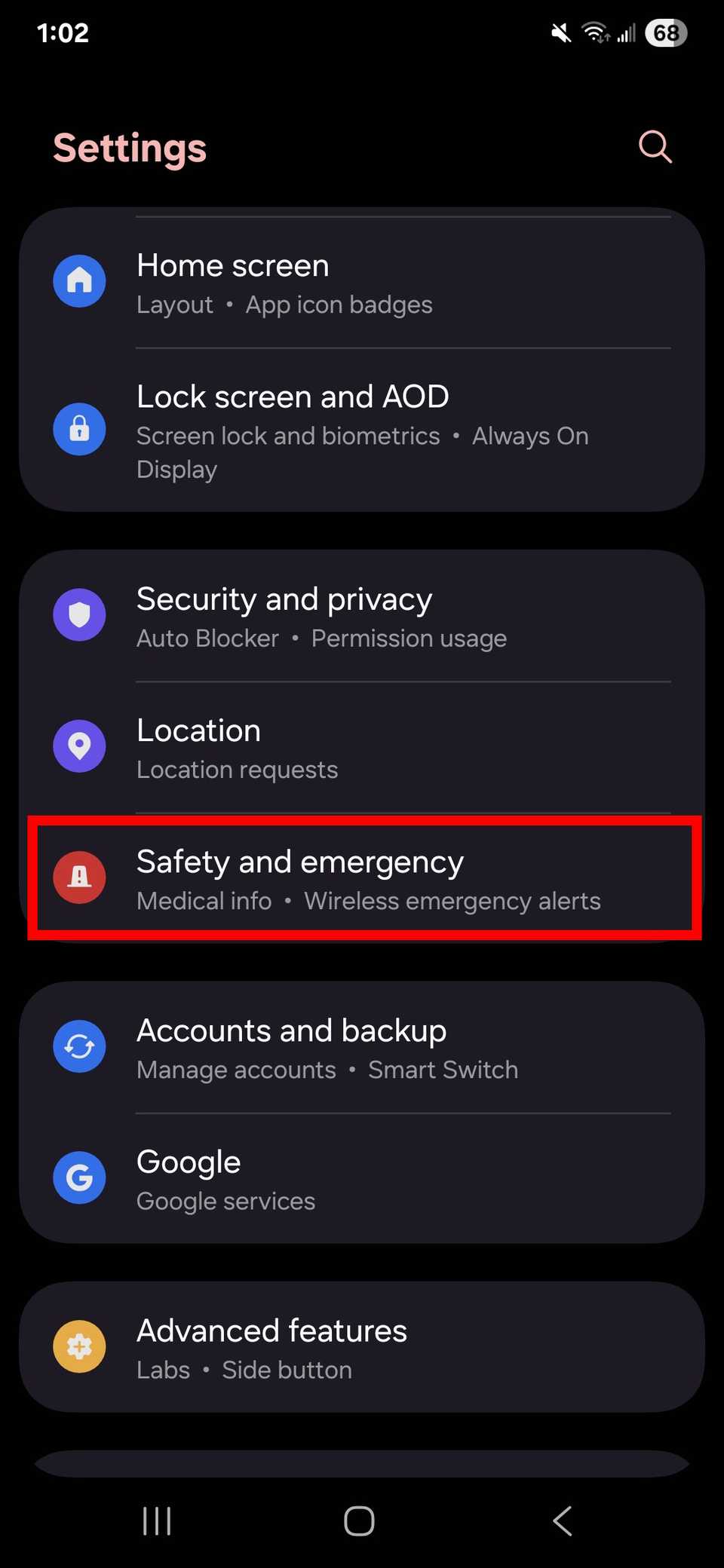 Red rectangle outline highlighting Safety and emergency in Samsung One UI 7 settings