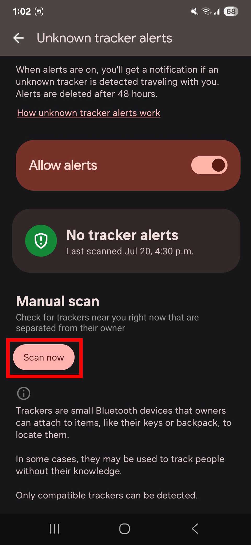 Red rectangle outline over Scan now button in Unknown trackers alerts on One UI 7