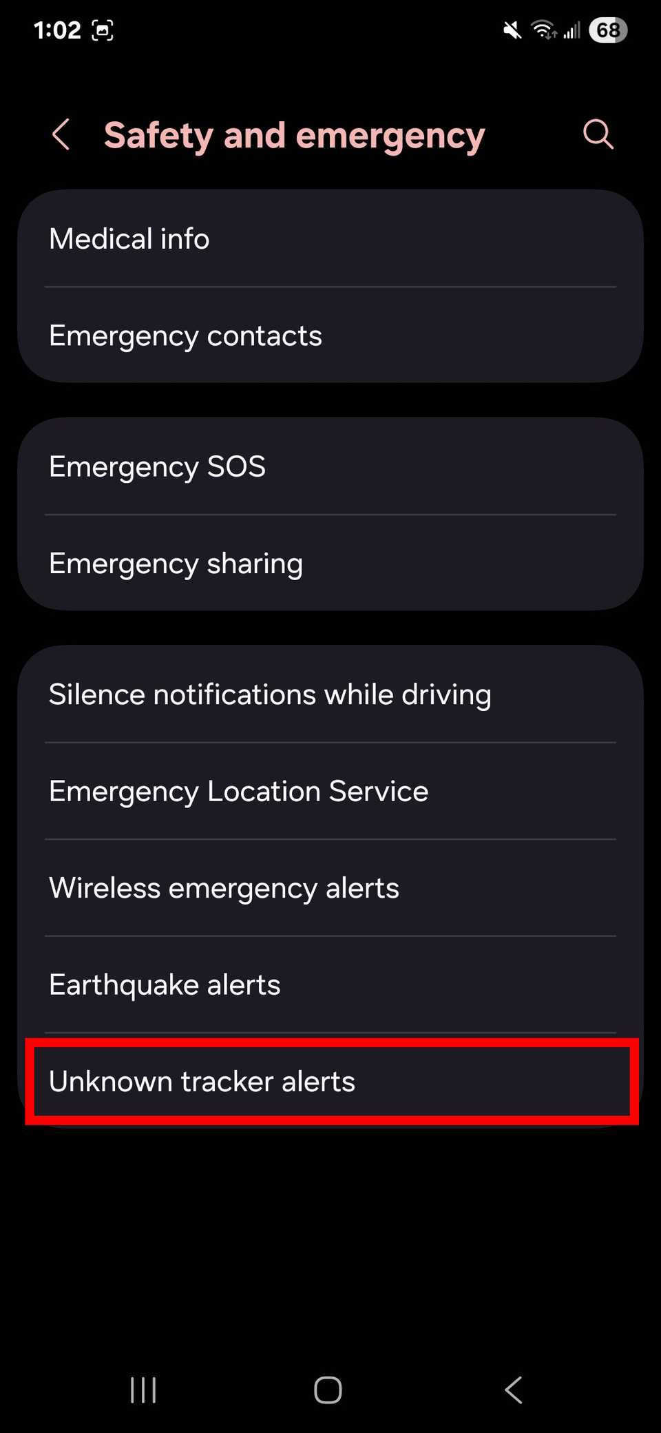 Red rectangle outline highlighting Unknown tracker alerts in Safety and emergency settings on One UI 7