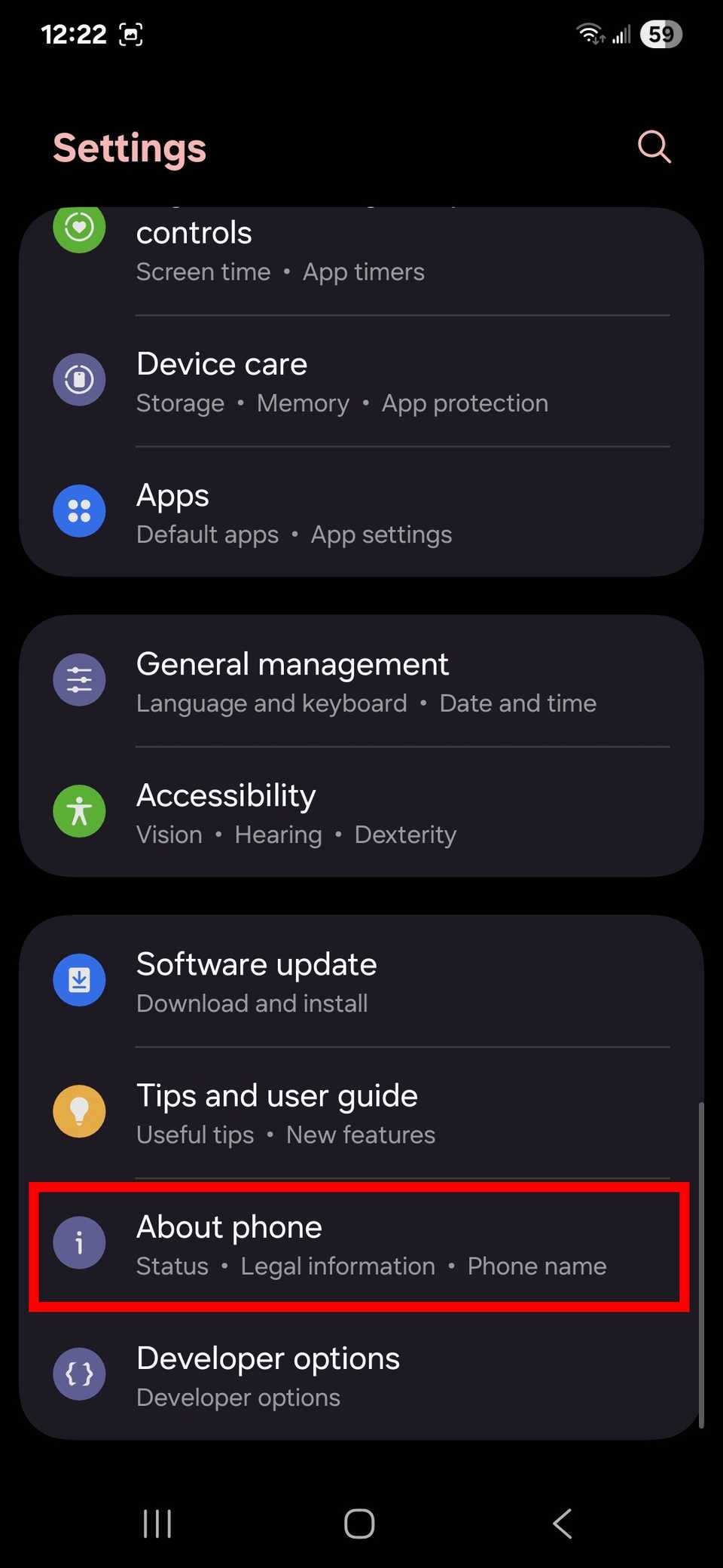 Red rectangle outline over About phone in Samsung settings