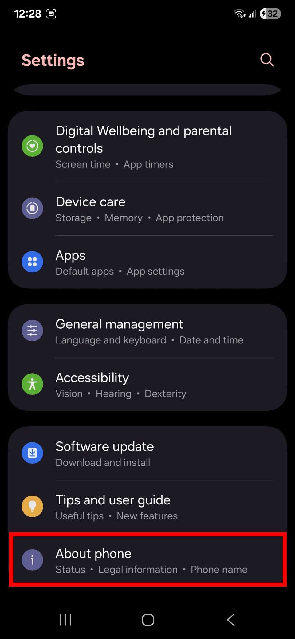 Red rectangle outline highlighting the 'About phone' option in Samsung settings