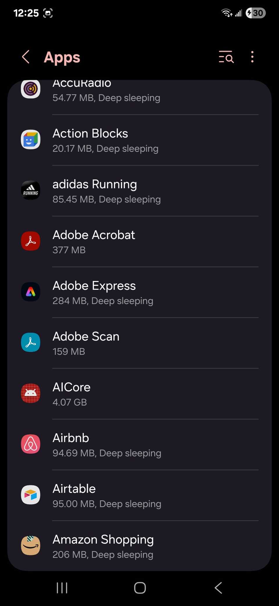 Samsung apps settings page showing a list of installed apps
