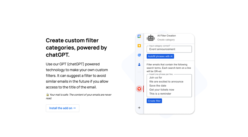 Gmail extension interface showing AI-powered filter creation with chatGPT, alongside text “Create custom filter categories, powered by chatGPT.”