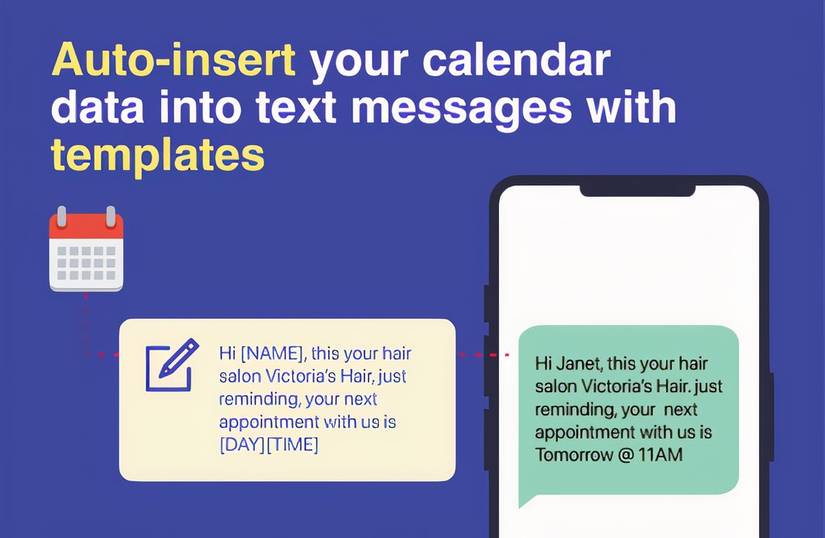 Example of calendar data auto-inserted into a text reminder template for a salon appointment