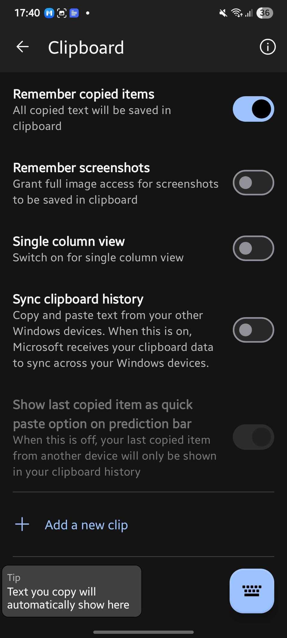 Screenshot showing Clipboard history on the SwitKey keyboard app on Android