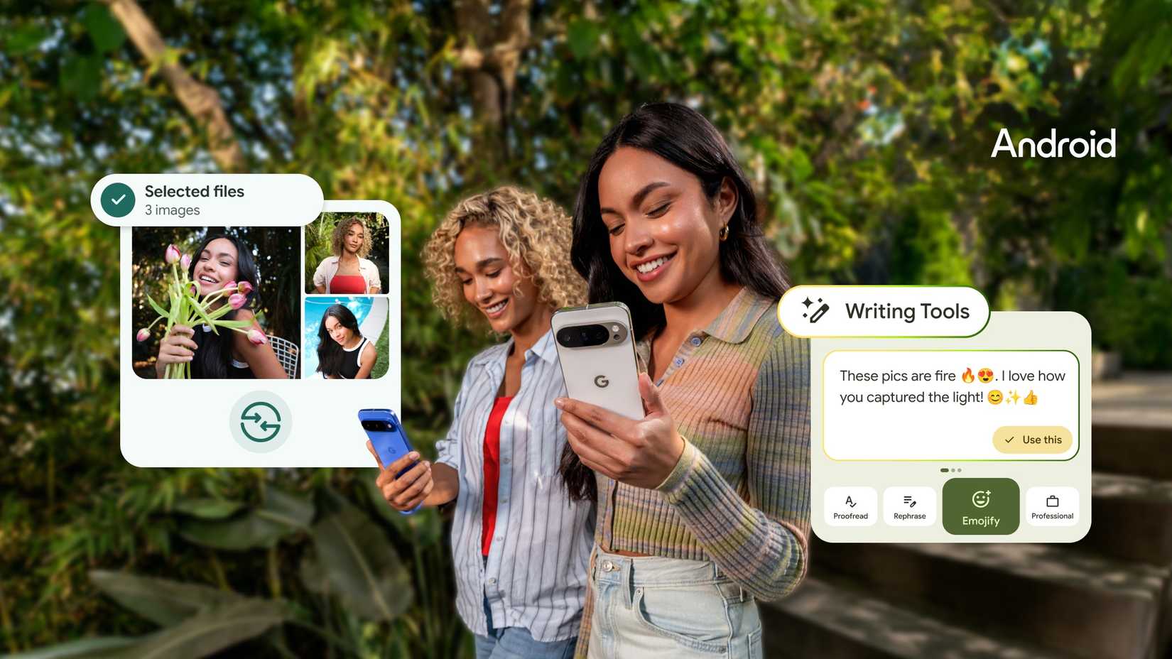 Two people walking outside using Pixel phones, next to screenshot bubbles of photo selection and Gboard AI Writing tools prompts.