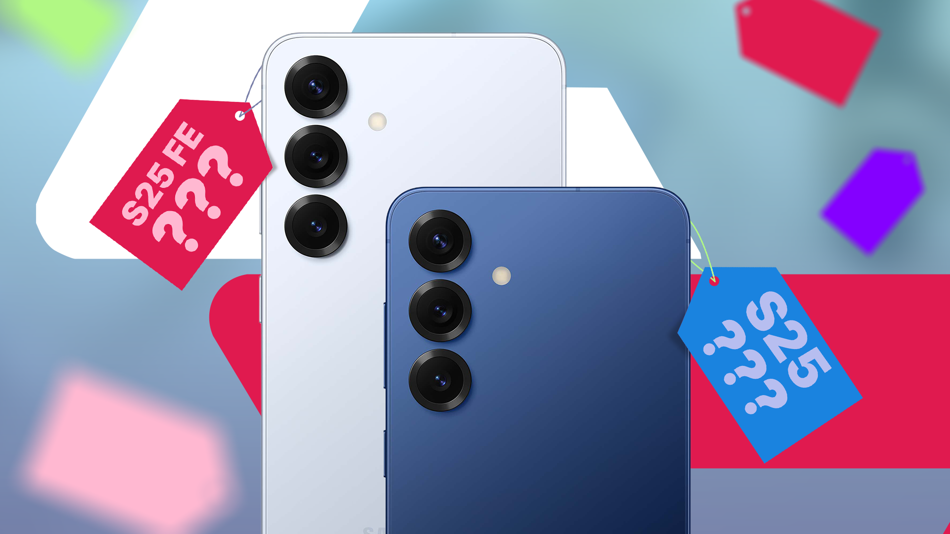 Side-by-side view of the Samsung Galaxy S25 FE and Galaxy S25 smartphones, each with colorful price tags.