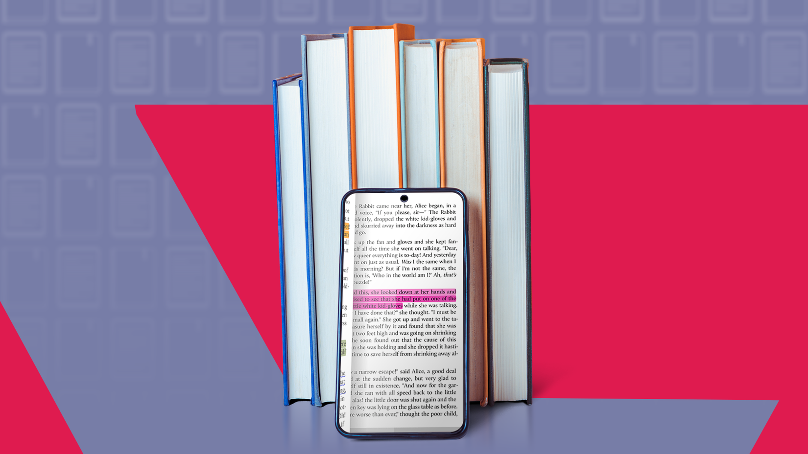 Smartphone displaying an e-book, placed in front of a row of physical books