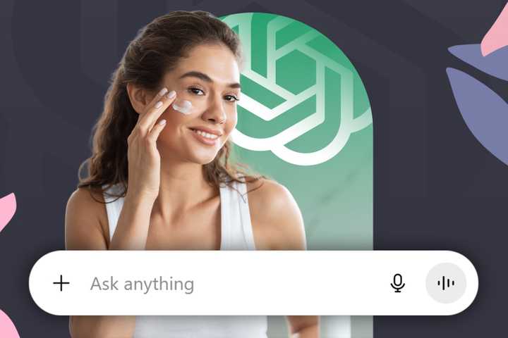 Smiling woman applying skincare cream on her face, with the ChatGPT logo in the background