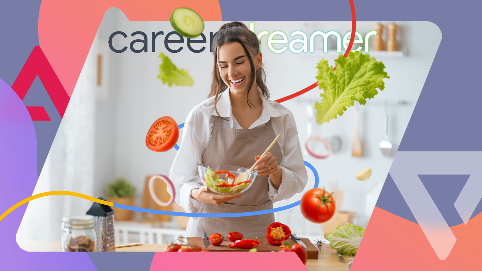 Smiling woman in a kitchen preparing a fresh salad with floating vegetables around her.