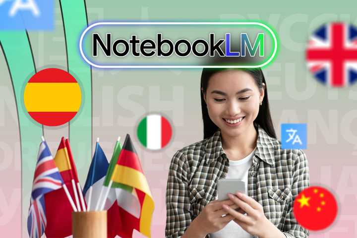 Smiling woman using a smartphone with the NotebookLM logo above and multiple international flags and language icons around her