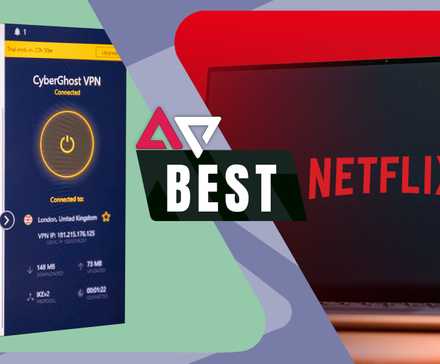 Split-screen graphic featuring CyberGhost VPN interface on the left and Netflix on a laptop on the right, with a Best label in the center.