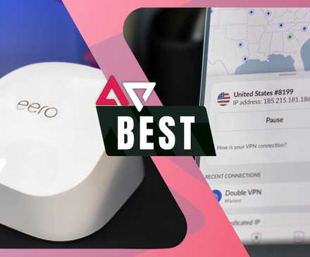 Gráfico em tela dividida de um roteador wifi Eero e NordVPN, com o rótulo 'Melhor' no centro.