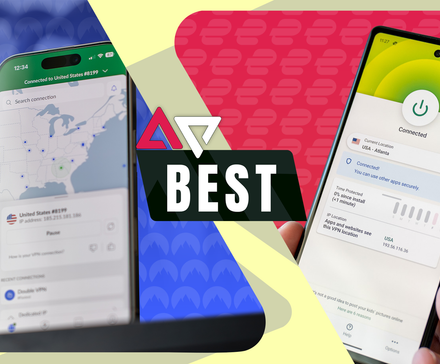 Gráfico em tela dividida mostrando NordVPN e ExpressVPN em um telefone, com o rótulo Melhor no centro.