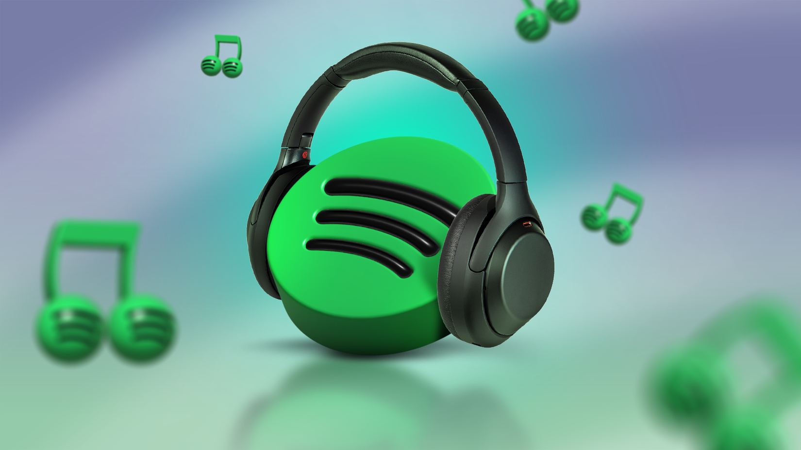 Spotify logo wearing black headphones, surrounded by floating green music note icons on a gradient background.