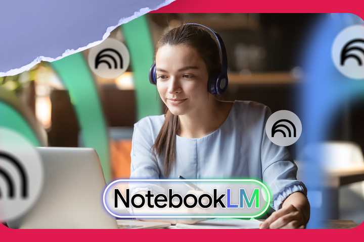 Woman wearing headphones while jotting and staring into laptop surrounded by NotebookLM logos