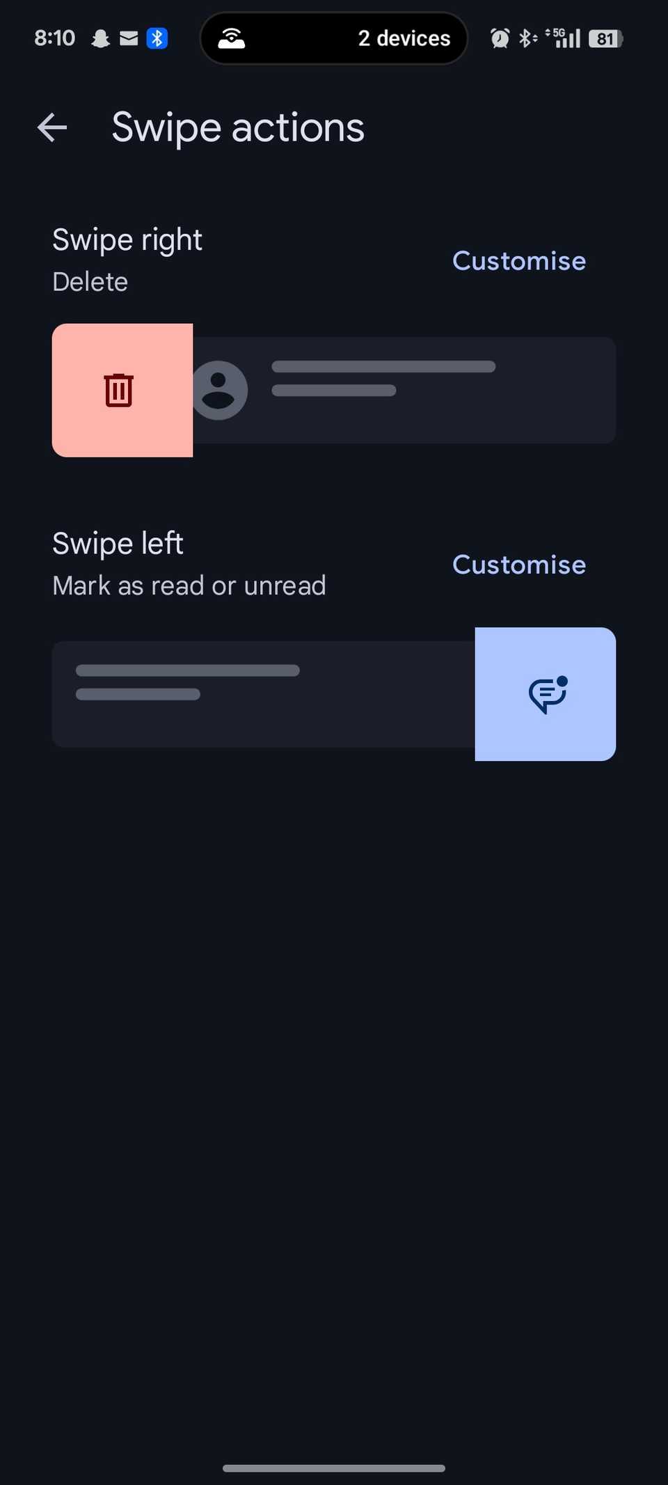 Menu showing user configured left and right swipe actions with option to customize them