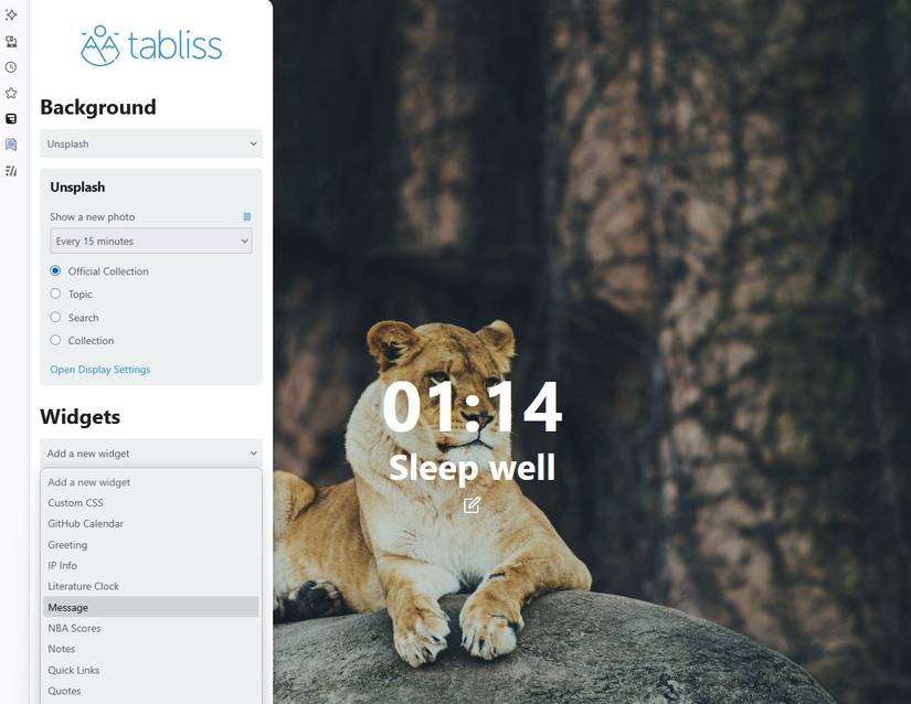 Screenshot of the Tabliss extension in Firefox