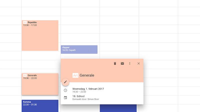 Google Calendar view with events in different tags and a pop-up showing event details.