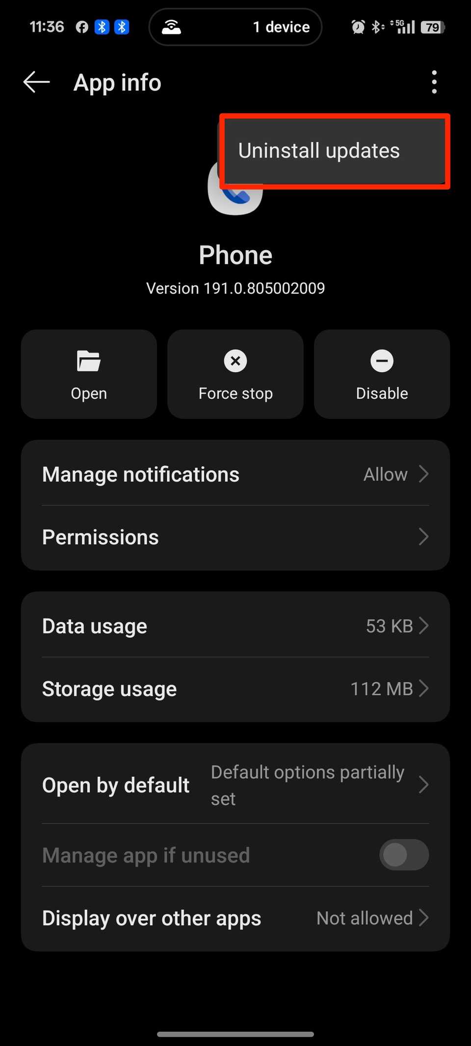 Red box highlighting option to uninstall all updates for Google Phone in the app info menu