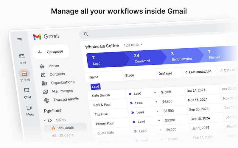 Gmail interface with Streak CRM extension showing a sales pipeline dashboard, alongside text “Manage all your workflows inside Gmail.”
