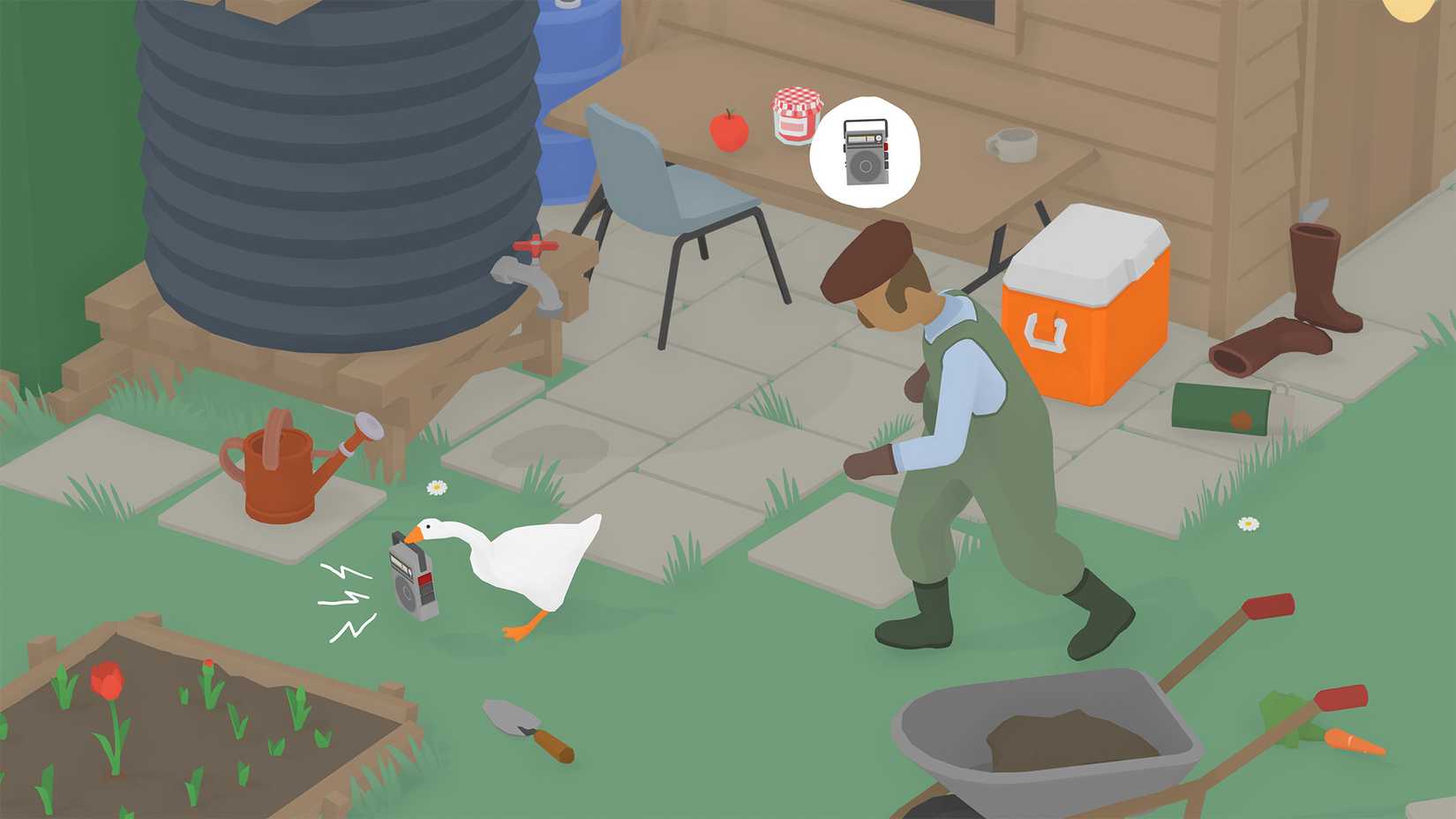 The player runs away from the gardener in Untitled Goose Game
