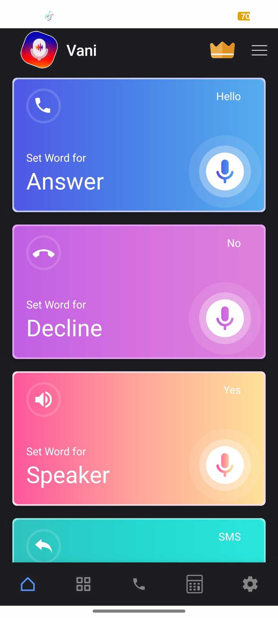 Campos personalizados estão sendo exibidos para definir o menu doméstico Call Answer Voice Command no aplicativo Danny Dialer
