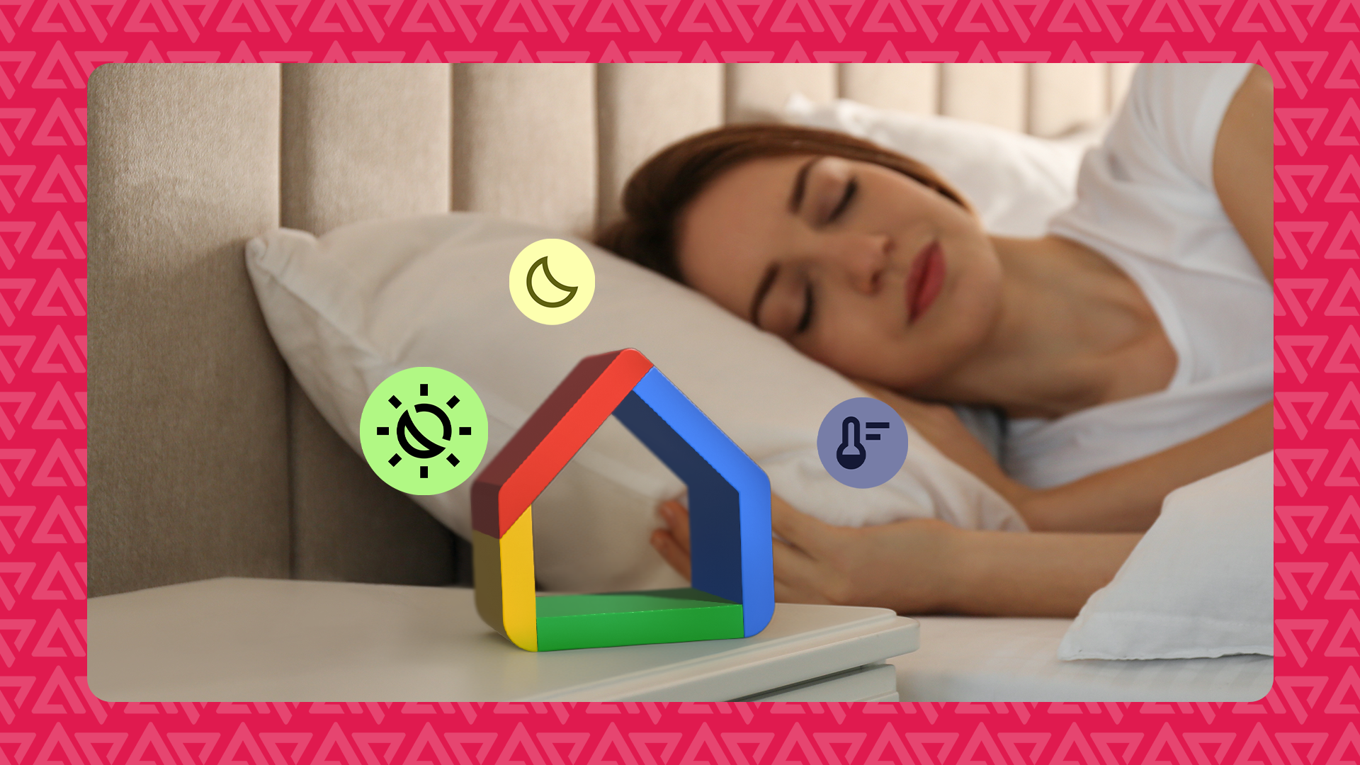 Una donna che dorme nel letto accanto al logo di Google Home