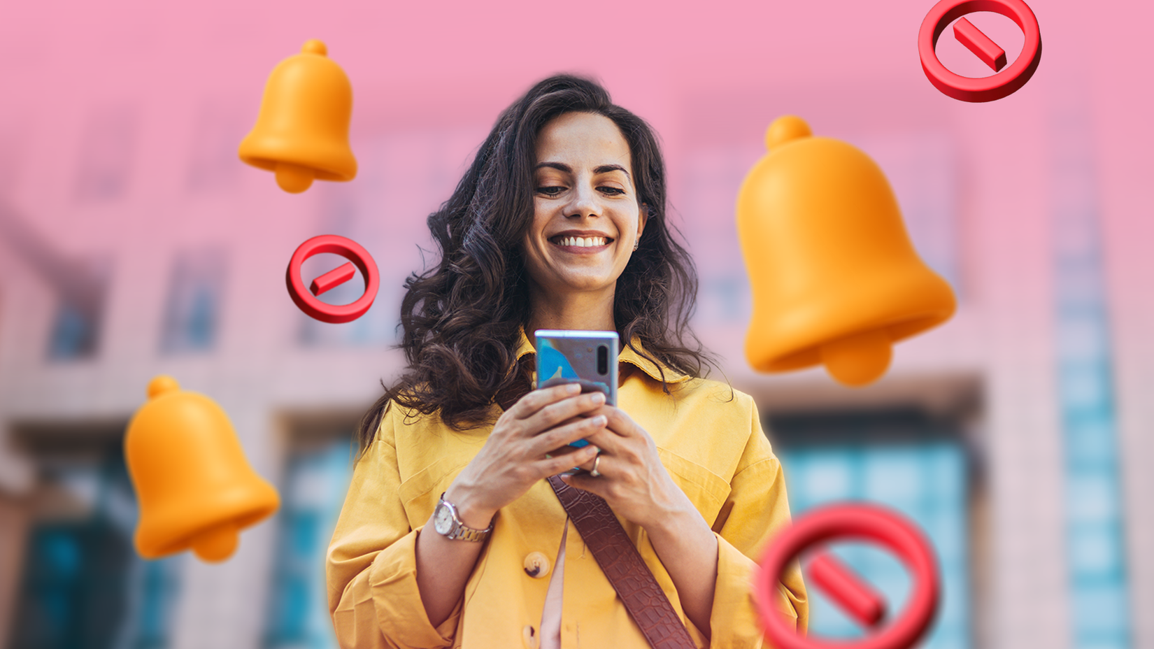 Woman smiling at her phone while yellow notification bell icons and muted symbols float around her.
