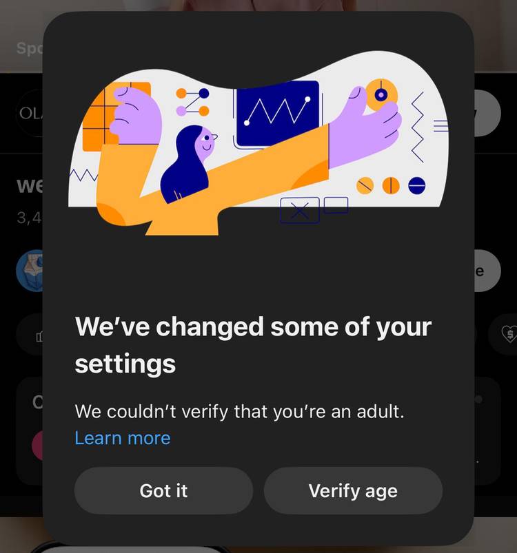 A YouTube dialog box that informs users their age couldn't be automatically verified.