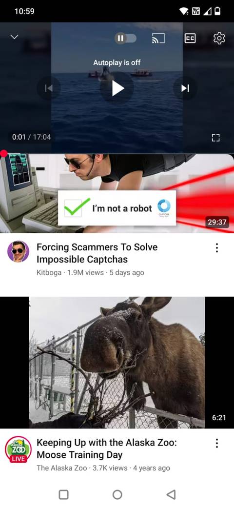 Screenshot showing how to turn off the Autoplay toggle in YouTube