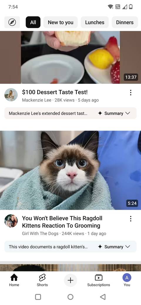 Screenshot showing the Home page in the YouTube app