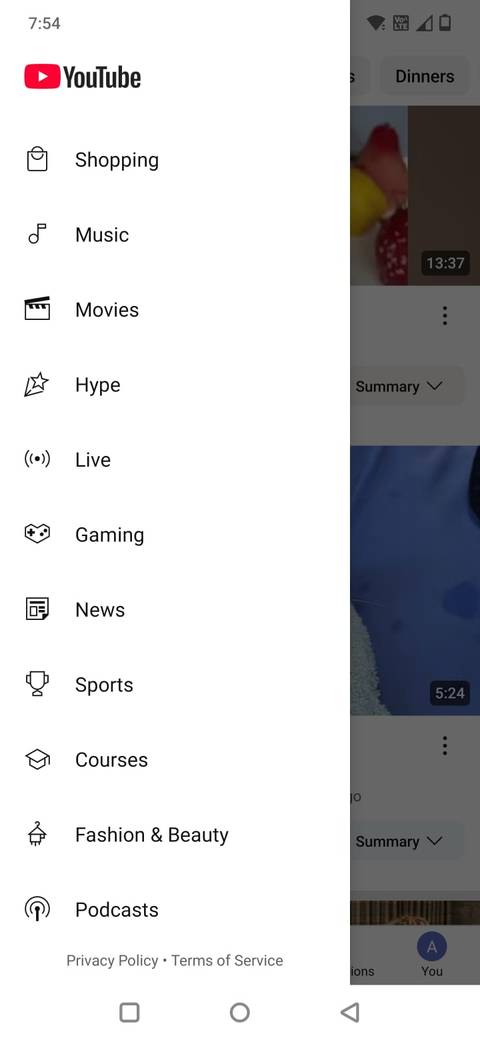 Screenshot showing the Explore page in the YouTube app
