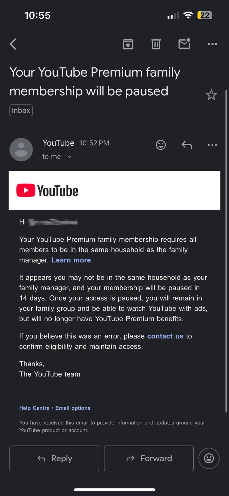 A screenshot of YouTube's email about a user's Premium access via a family plan being cancelled.